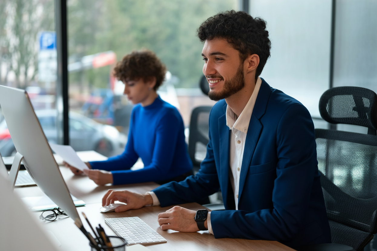 Zwei Fachkräfte arbeiten konzentriert am Arbeitsplatz
